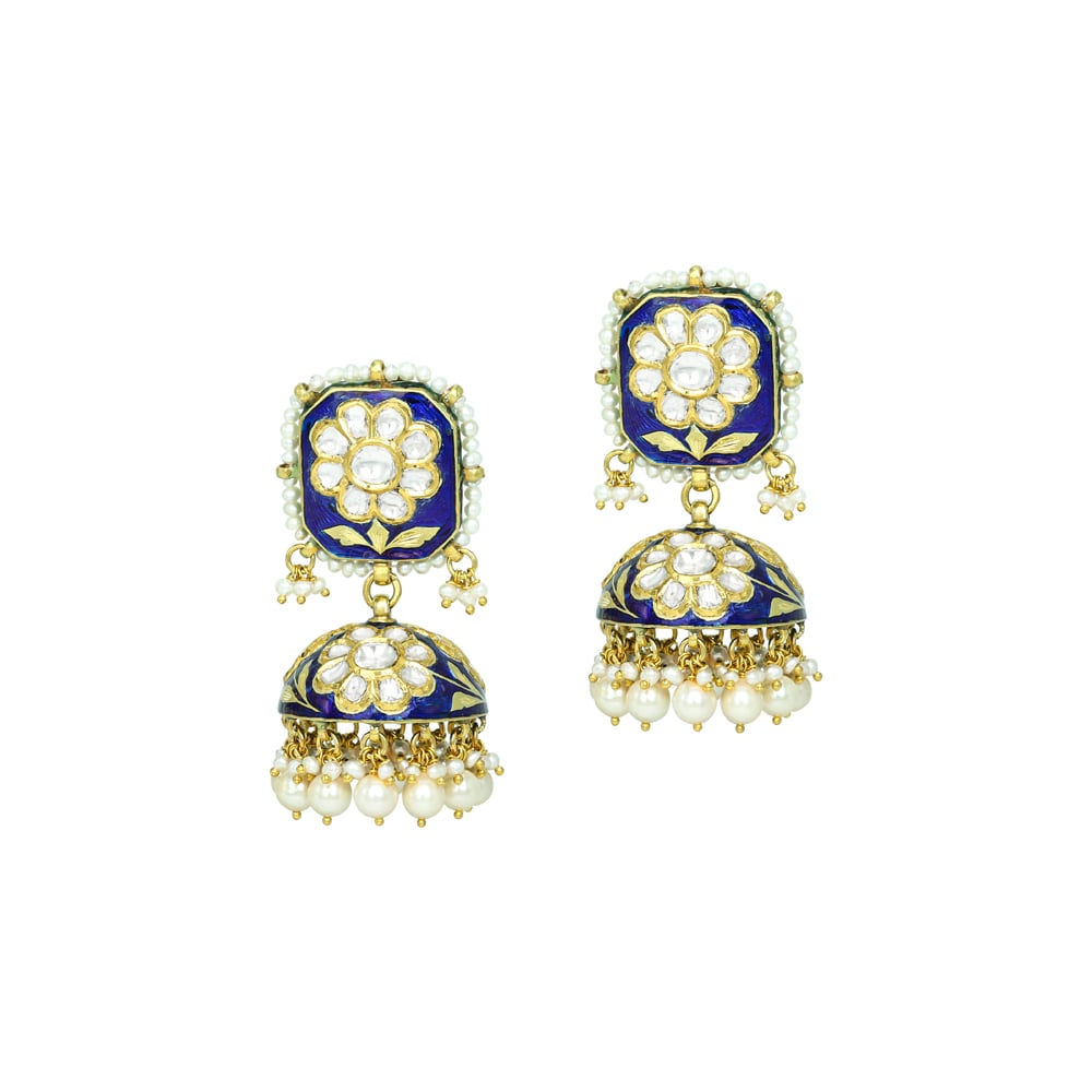 Blue Meena Polki Floral Jhumkas with Pearls